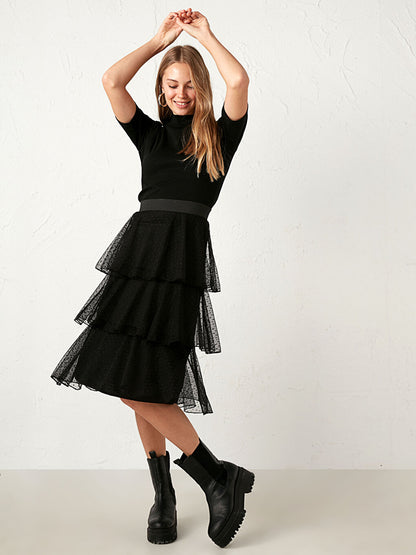 Ruffled Polka Dot Detailed Midi Tulle Skirt