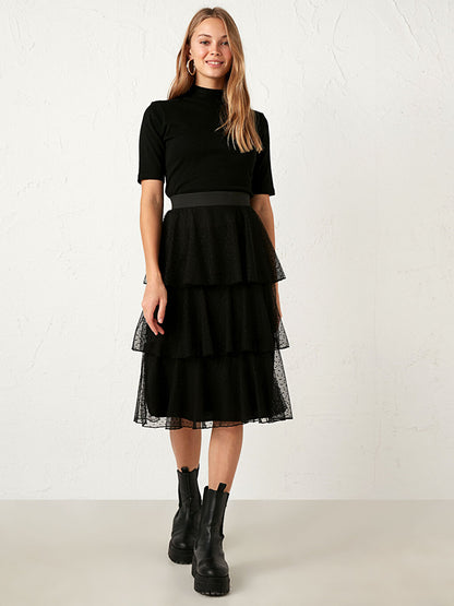 Ruffled Polka Dot Detailed Midi Tulle Skirt