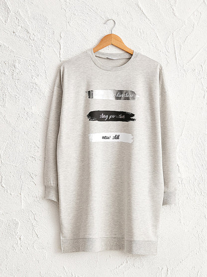 Crew Neck Text Printed Long Sleeve Women's Sweatshirt Tunic