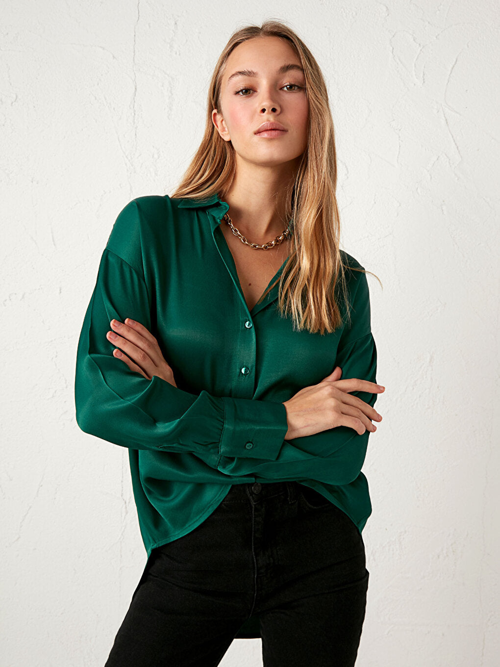 Front Button Closure Plain Long Sleeve Viscose Women's Shirt