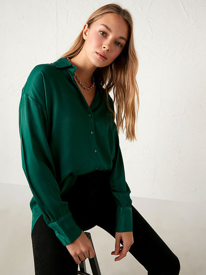 Front Button Closure Plain Long Sleeve Viscose Women's Shirt