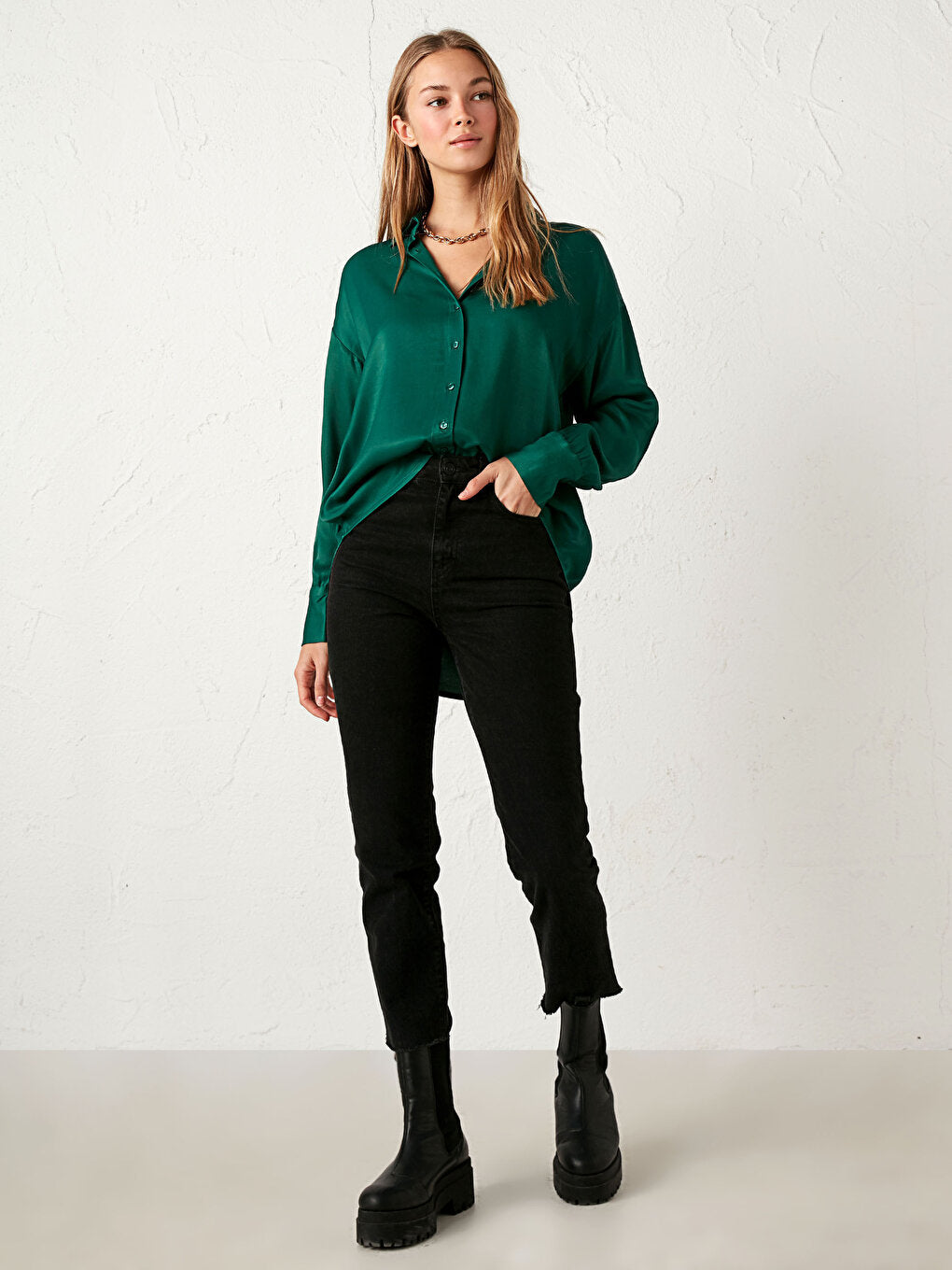 Front Button Closure Plain Long Sleeve Viscose Women's Shirt