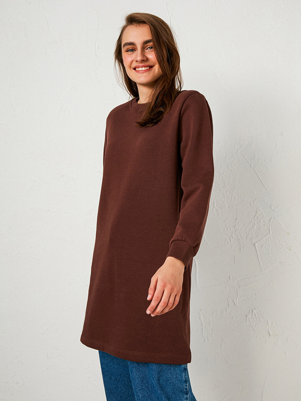 Crew Neck Plain Long Sleeve Women's Sweatshirt Tunic