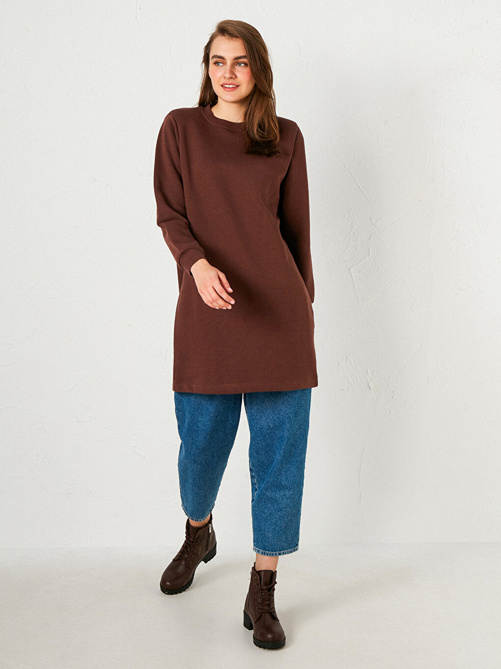 Crew Neck Plain Long Sleeve Women's Sweatshirt Tunic