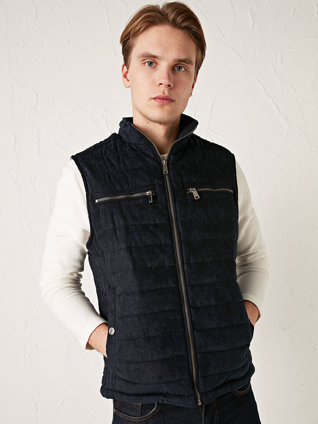 Slim Fit Stand Collar Thick Suede Vest