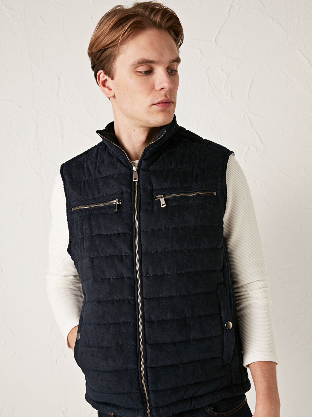 Slim Fit Stand Collar Thick Suede Vest