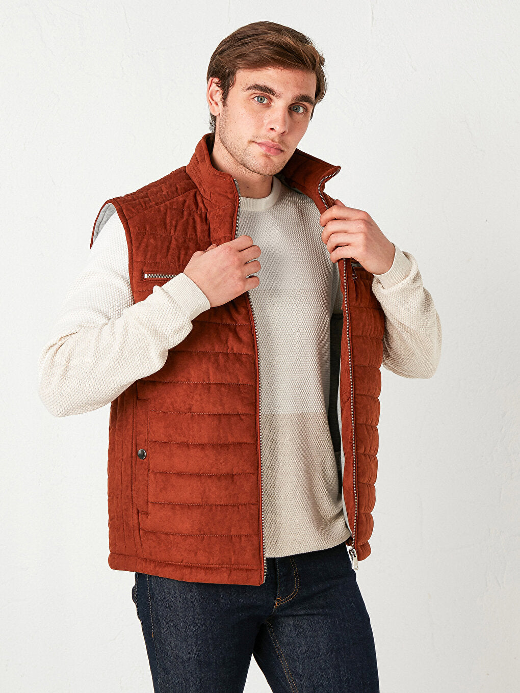 Slim Fit Stand Collar Thick Suede Vest