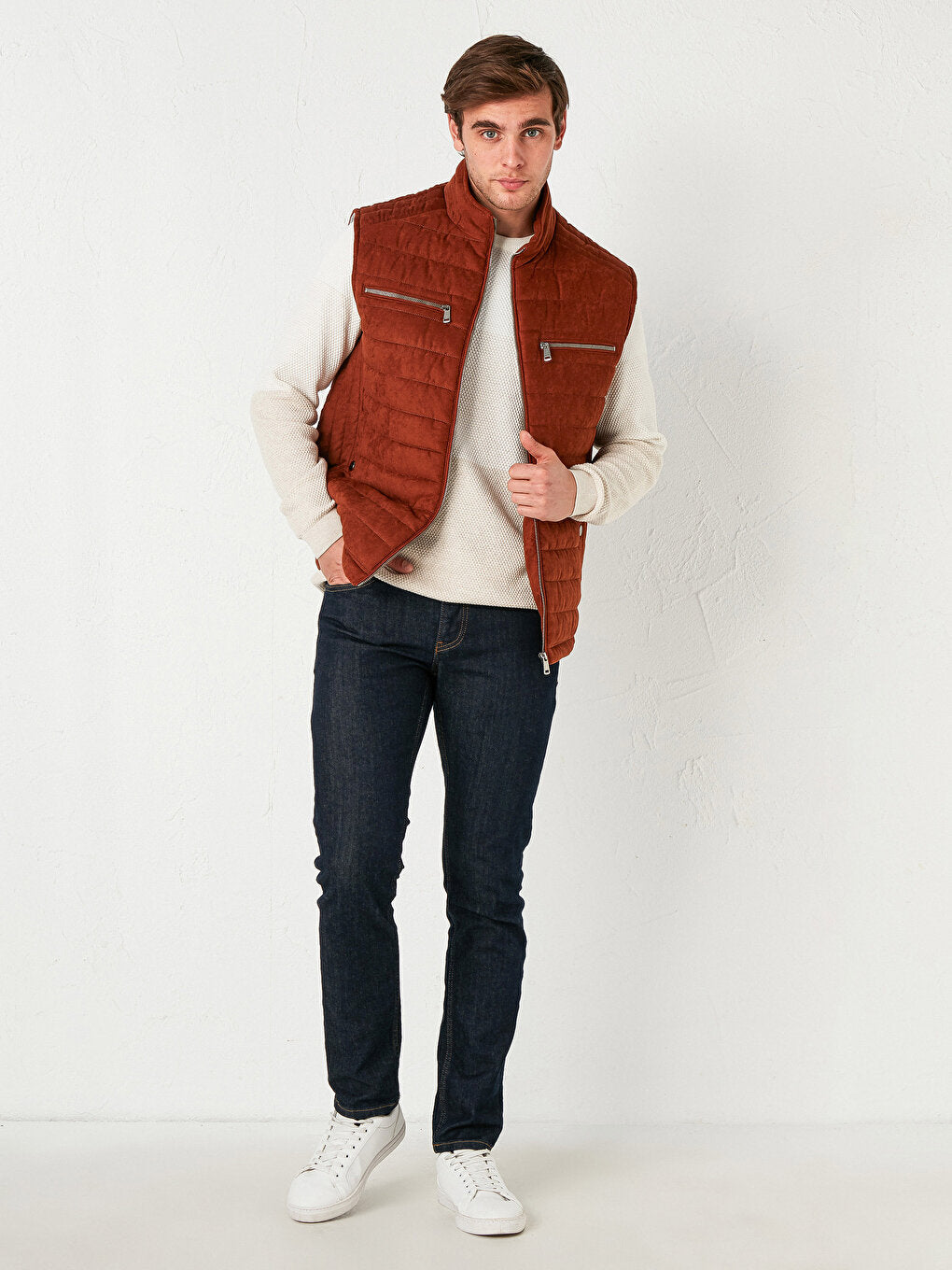 Slim Fit Stand Collar Thick Suede Vest