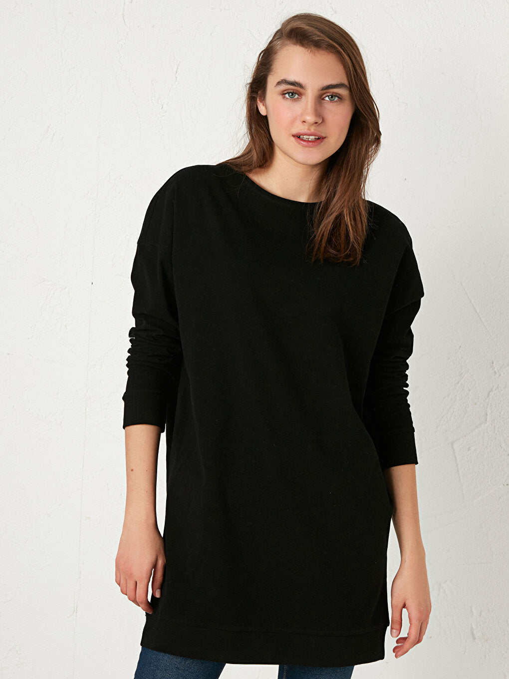 Crew Neck Plain Long Sleeve Cotton Women's Tunic