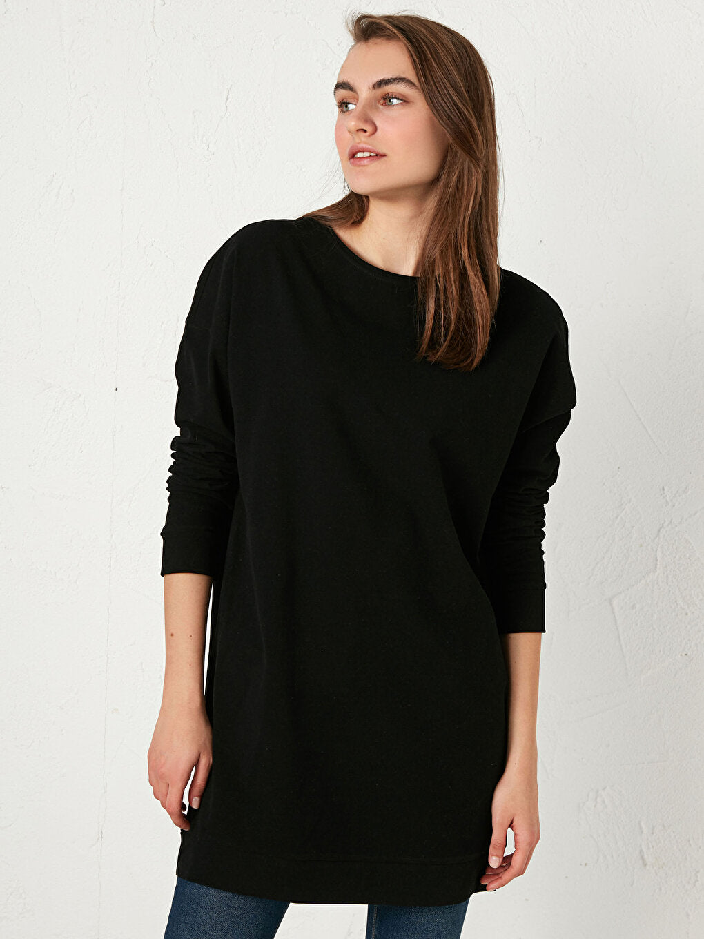 Crew Neck Plain Long Sleeve Cotton Women's Tunic