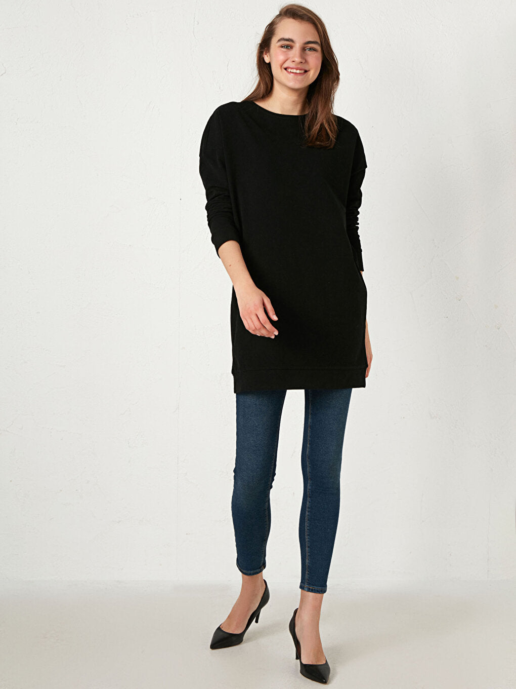 Crew Neck Plain Long Sleeve Cotton Women's Tunic