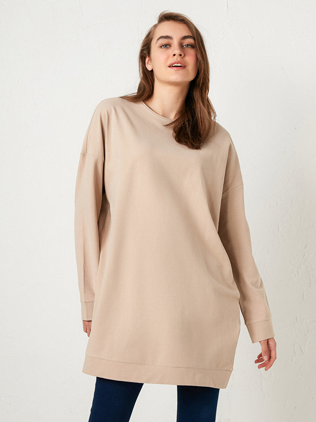 Crew Neck Plain Long Sleeve Cotton Women's Tunic