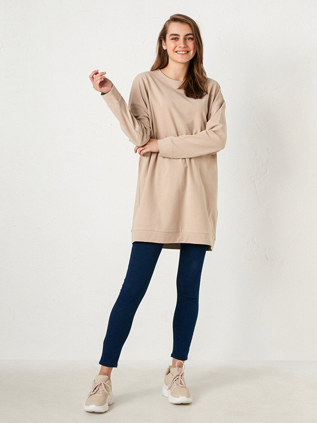 Crew Neck Plain Long Sleeve Cotton Women's Tunic