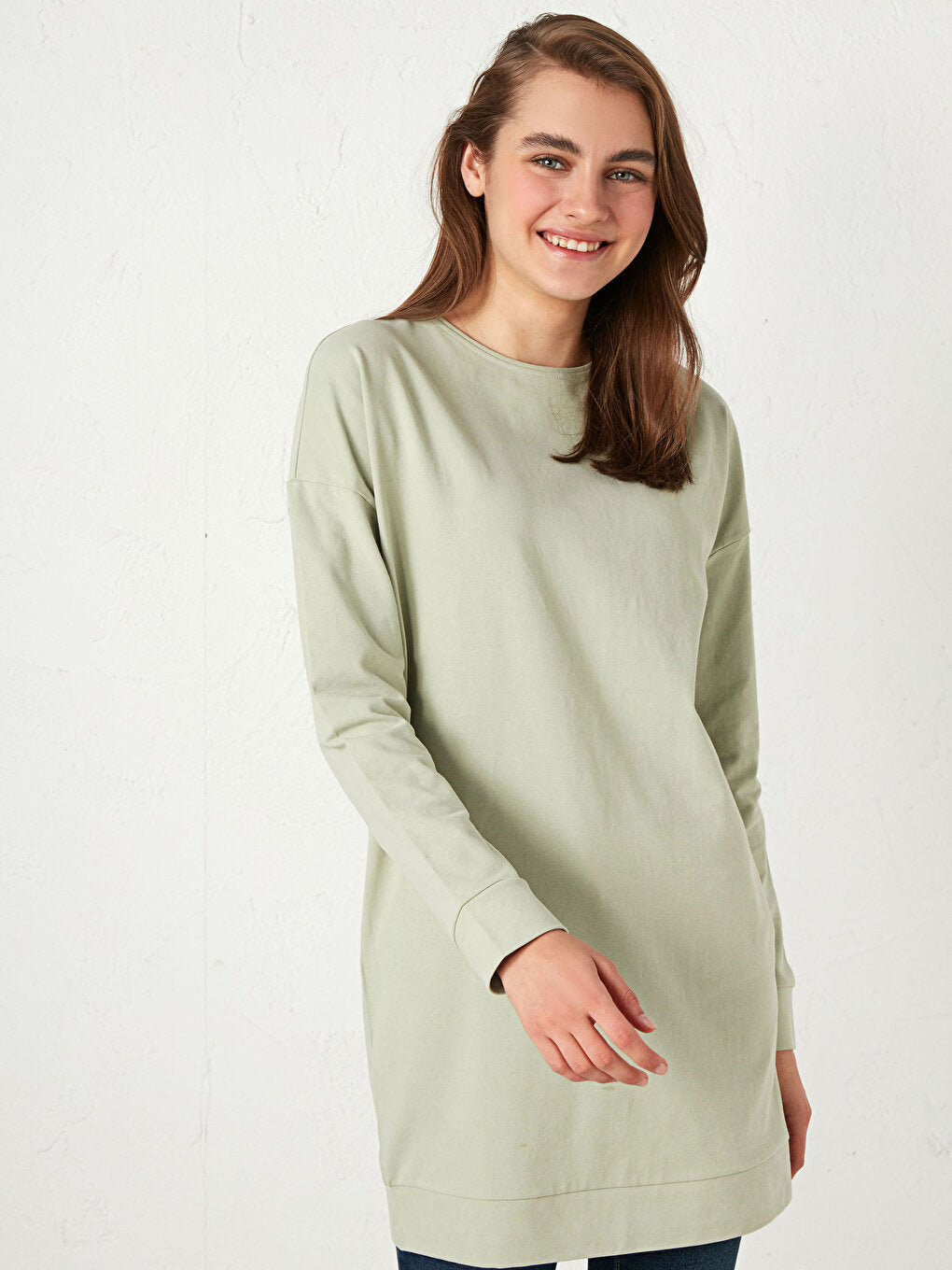 Crew Neck Plain Long Sleeve Cotton Women's Tunic