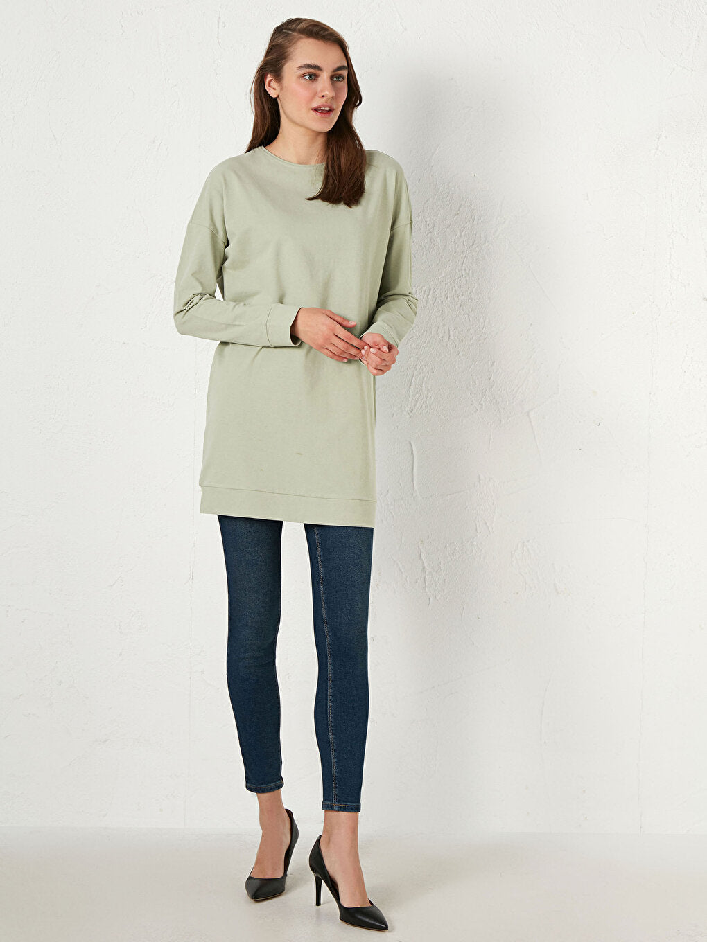 Crew Neck Plain Long Sleeve Cotton Women's Tunic