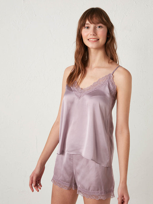 Satin Pajama Top with Lace Collar