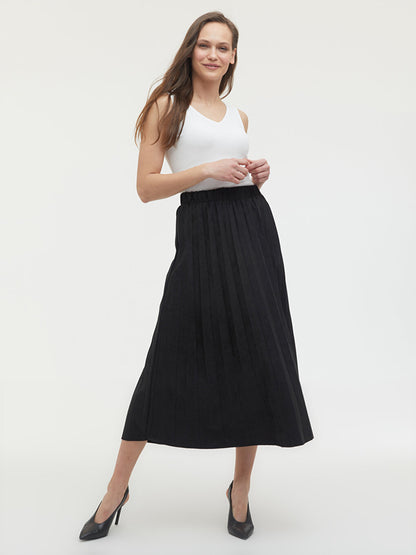 Pleated Suede Look Skirt with Elastic Waist