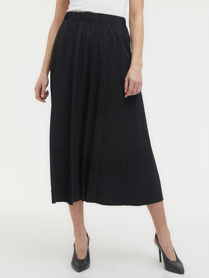 Pleated Suede Look Skirt with Elastic Waist