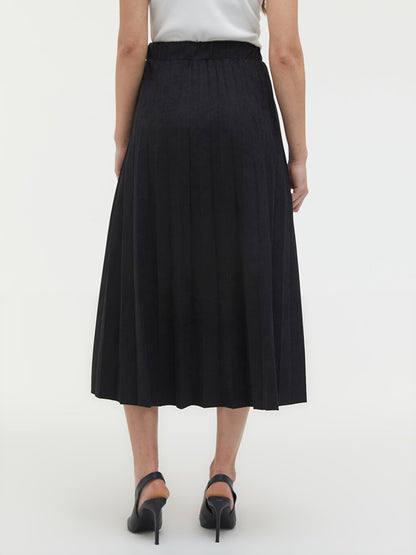 Pleated Suede Look Skirt with Elastic Waist