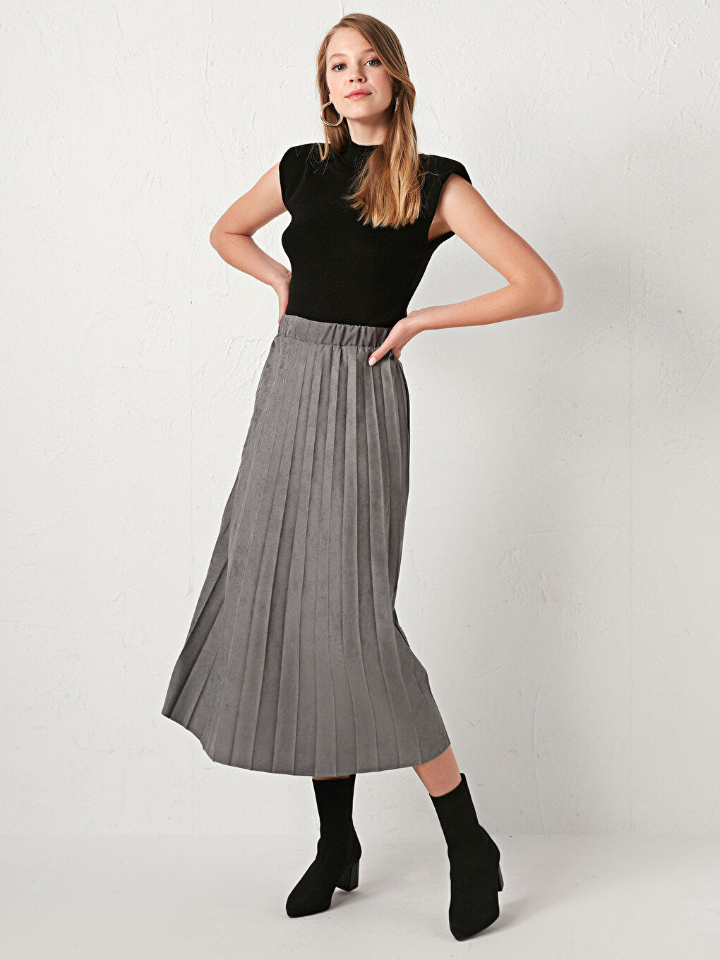 Pleated Suede Look Skirt with Elastic Waist