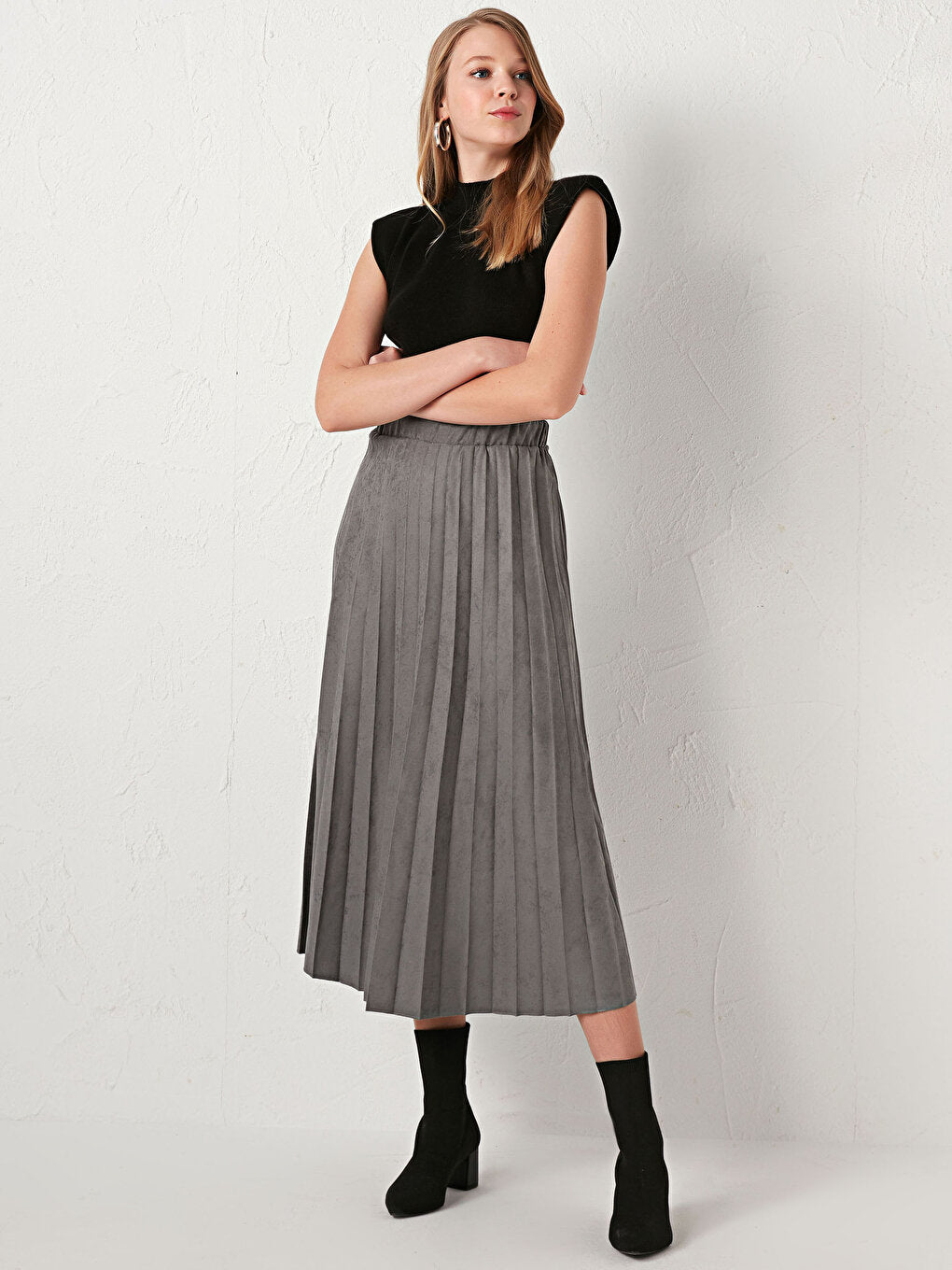 Pleated Suede Look Skirt with Elastic Waist