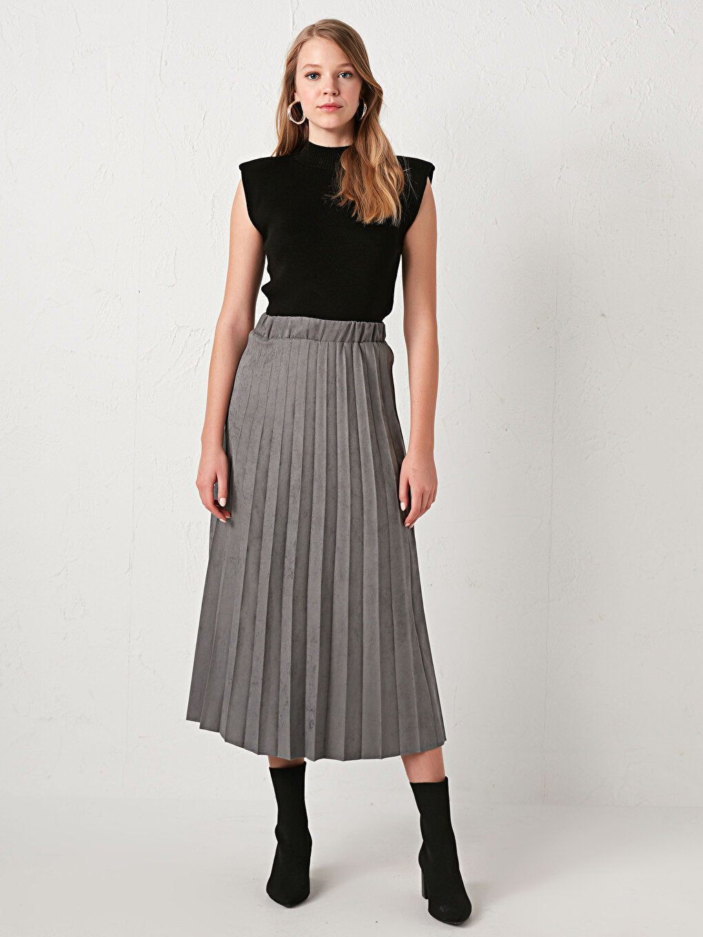 Pleated Suede Look Skirt with Elastic Waist