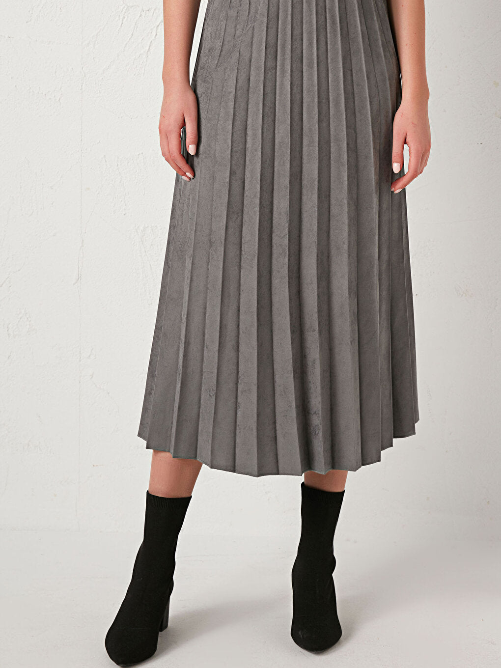 Pleated Suede Look Skirt with Elastic Waist