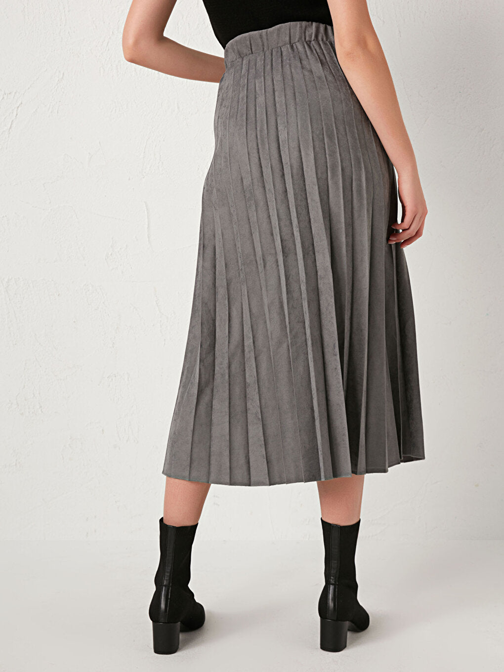 Pleated Suede Look Skirt with Elastic Waist