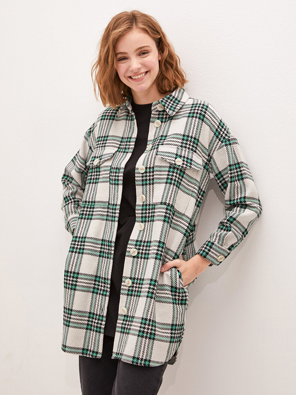 Plaid Women's Shirt Tunic with Pocket Detail