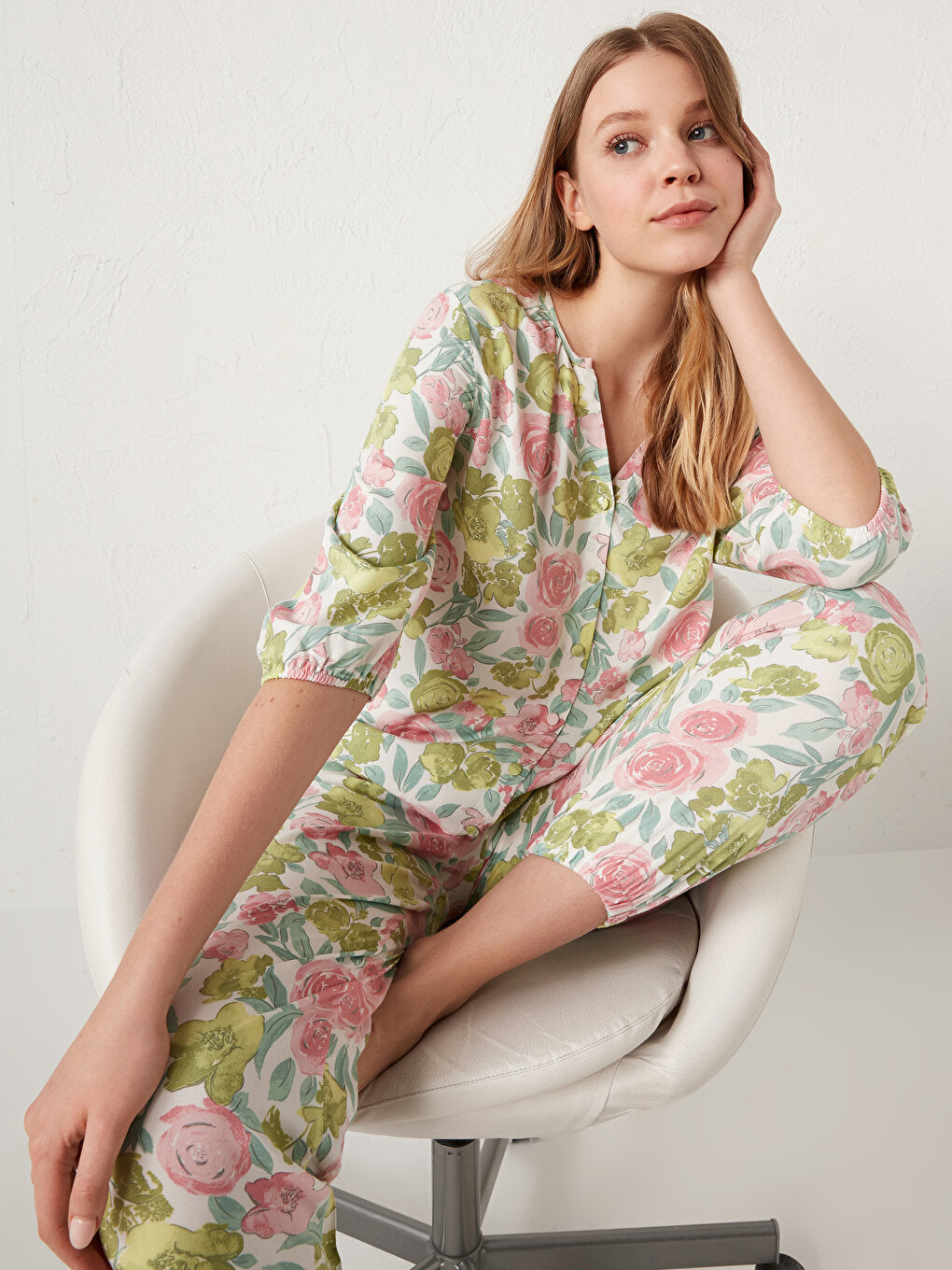 Floral Patterned Viscose Pajama Set