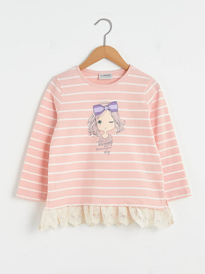 Crew Neck Printed Long Sleeve Cotton Girls' T-Shirt