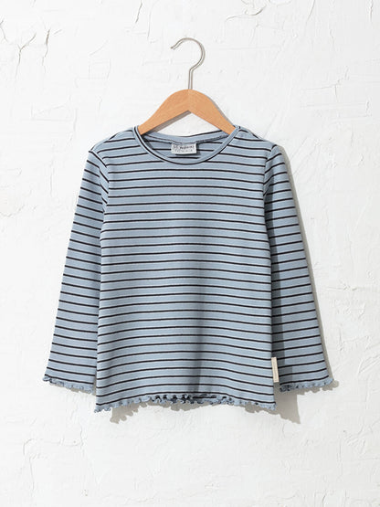 Crew Neck Striped Long Sleeve Cotton Girls' T-Shirt