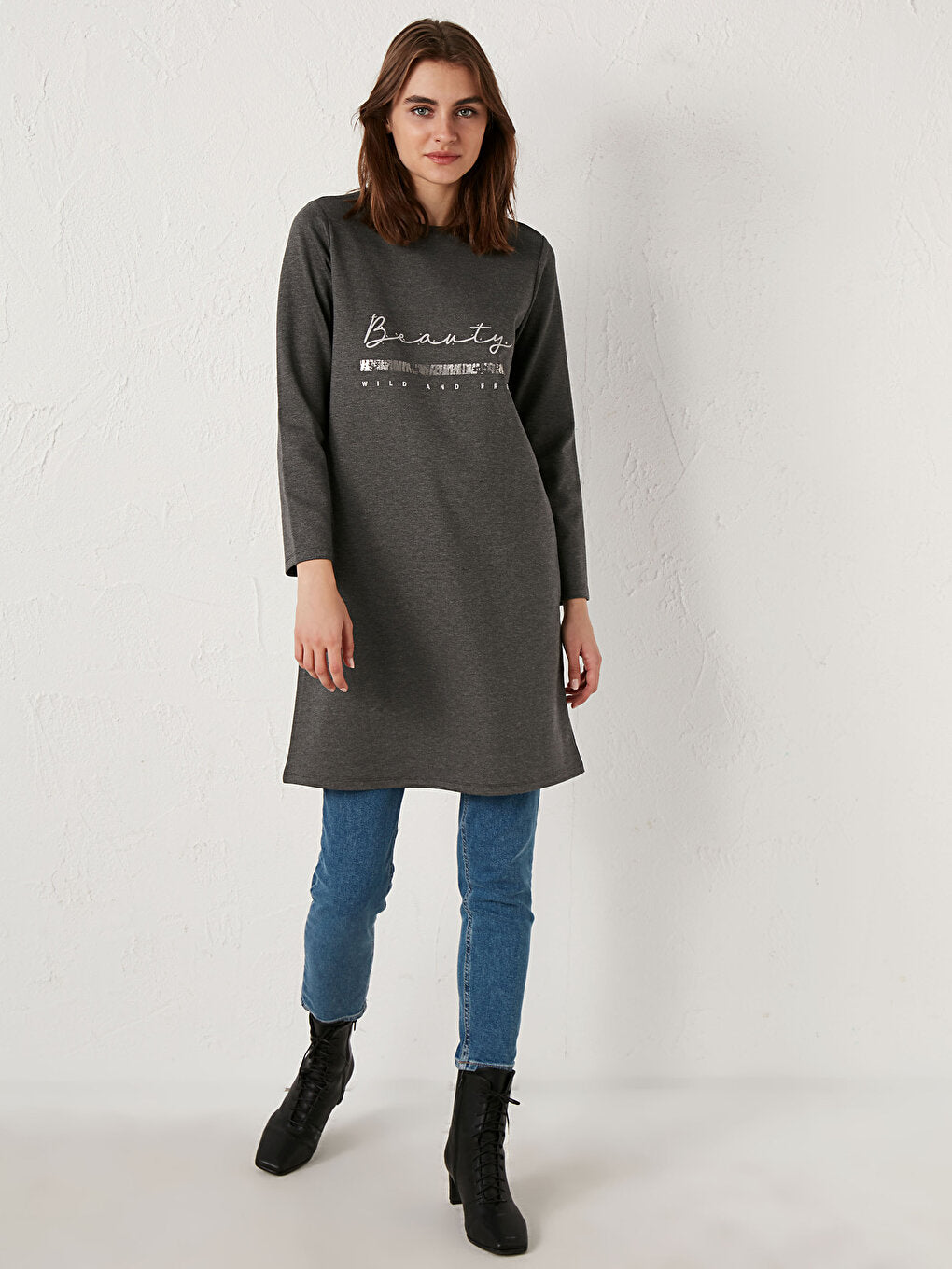 Crew Neck Slogan Printed Tunic