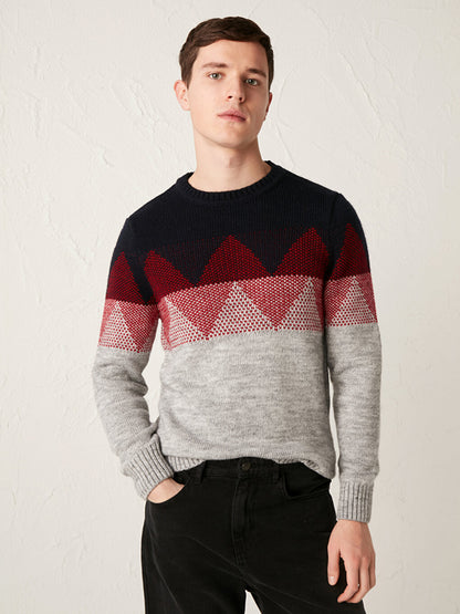 Crew Neck Long Sleeve Patterned Knitwear Men's Sweater