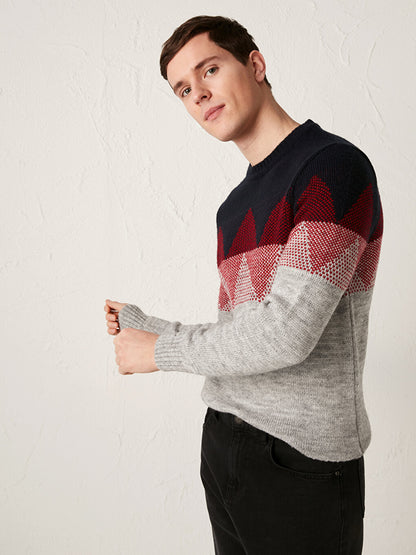 Crew Neck Long Sleeve Patterned Knitwear Men's Sweater