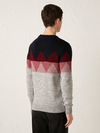 Crew Neck Long Sleeve Patterned Knitwear Men's Sweater