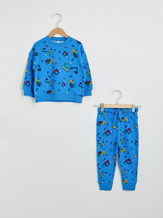 Crew Neck Long Sleeve Patterned Baby Boy Sweatshirt and Jogger Pants 2-Piece Set