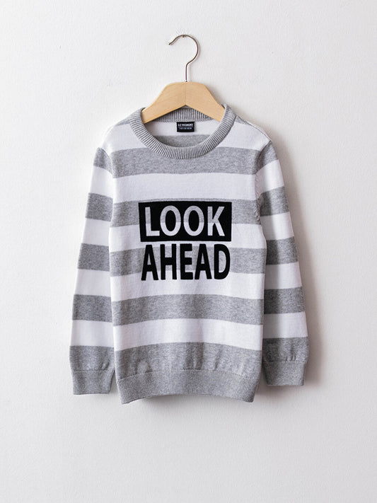 Crew Neck Text Printed Long Sleeve Boy's Thin Knitwear Sweater