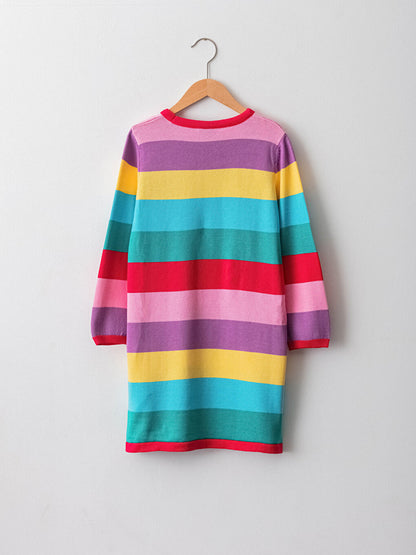 Crew Neck Striped Long Sleeve Girl's Thin Knit Dress