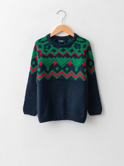 Crew Neck Patterned Long Sleeve Boy's Fine Knitwear Sweater