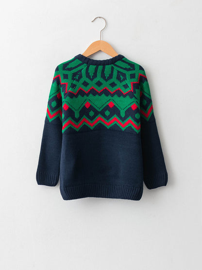 Crew Neck Patterned Long Sleeve Boy's Fine Knitwear Sweater