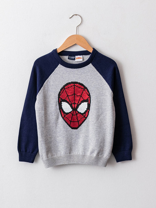 Crew Neck Spiderman Patterned Reversible Sequined Long Sleeve Boy's Fine Knitwear Sweater