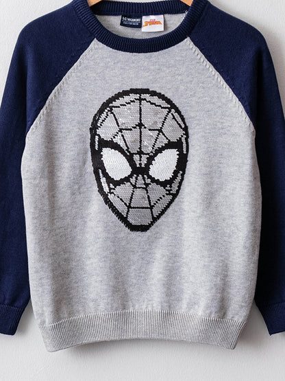 Crew Neck Spiderman Patterned Reversible Sequined Long Sleeve Boy's Fine Knitwear Sweater