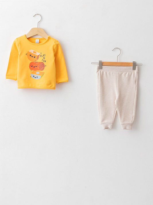 Crew Neck Long Sleeve Printed Cotton Baby Boy Sweatshirt and Jogger Pants 2-Piece Set