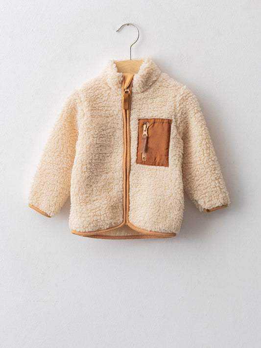 High Collar Long Sleeve Plush Baby Boy Zipper Coat