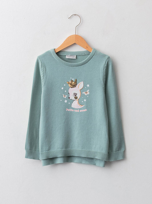 Crew Neck Printed Long Sleeve Girl's Knitwear Sweater