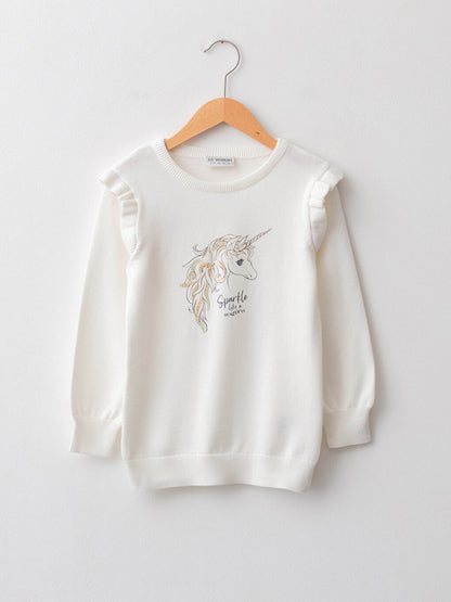 Crew Neck Long Sleeve Printed Girl's Knitwear Sweater