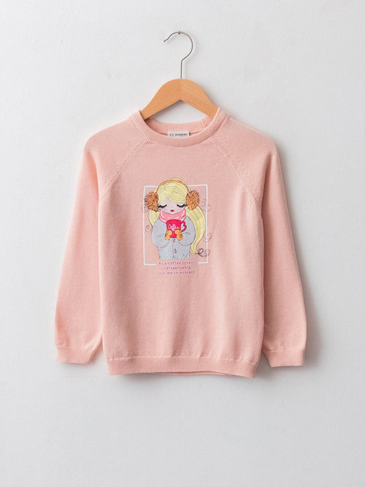 Crew Neck Printed Long Sleeve Girl's Knitwear Sweater