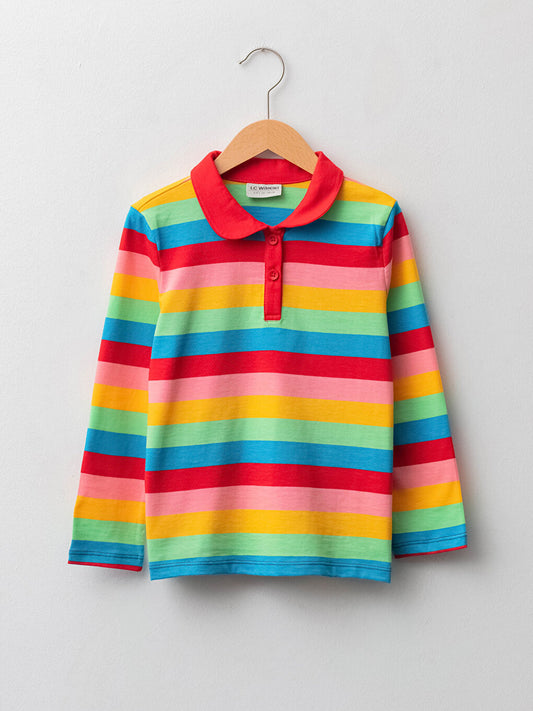 Polo Neck Striped Long Sleeve Girls T-Shirt