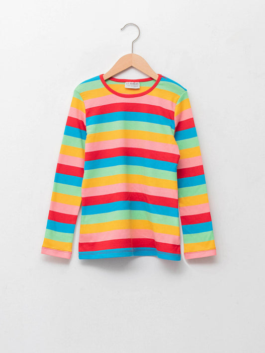 Crew Neck Striped Long Sleeve Cotton Girls' T-Shirt